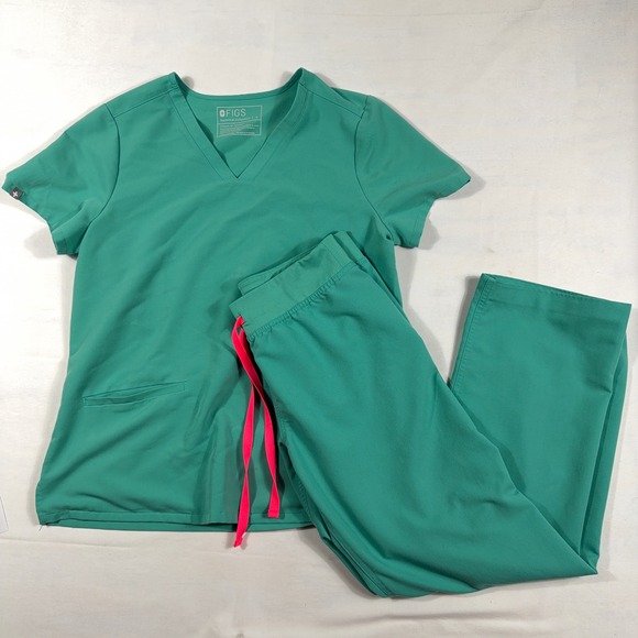 Figs Technical Collection Livingston Scrub Set V-Neck Top Pants S Teal Green